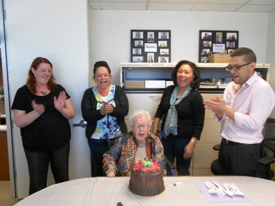 Phyllis is Senior Helpers San Mateo, CA’s first client! We had her in the office today celebrating her 98th birthday! She is an amazing woman whose mind is still very sharp.