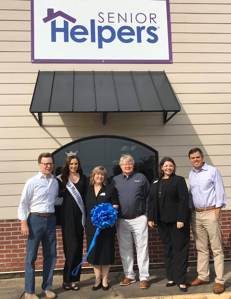 Owner/CFO Keith Bustin, Miss Mississippi, Owner/COO Carol Ann Bustin, Owner/CEO Bill Bustin, Jr., Community Relations Manager Katie Martin, and Mayor Toby Barker at Senior Helpers of Hattiesburg's Ribbon Cutting