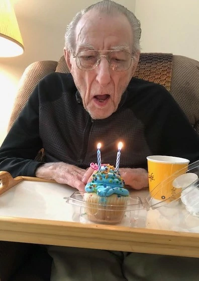 Charles turned 90 on 3/24 – the retirement community he is in was closed to outside visitors.  His family wanted him to have a special day even though they couldn’t be with him.  They hired us to spend 3 hours with him celebrating with food, cake, reading his cards and FaceTime to several members of his family.