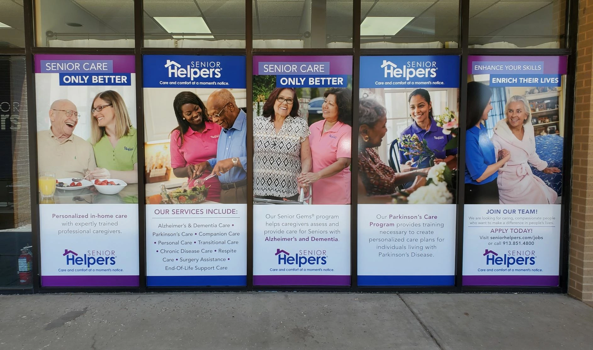 Our window signage tells visitors a bit more about why Senior Helpers is THE premier provider of in-home care in Overland Park.