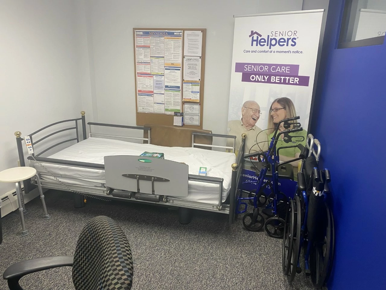Our office has hands-on training with a hospital bed, walker, wheelchair, and transfer belts!
