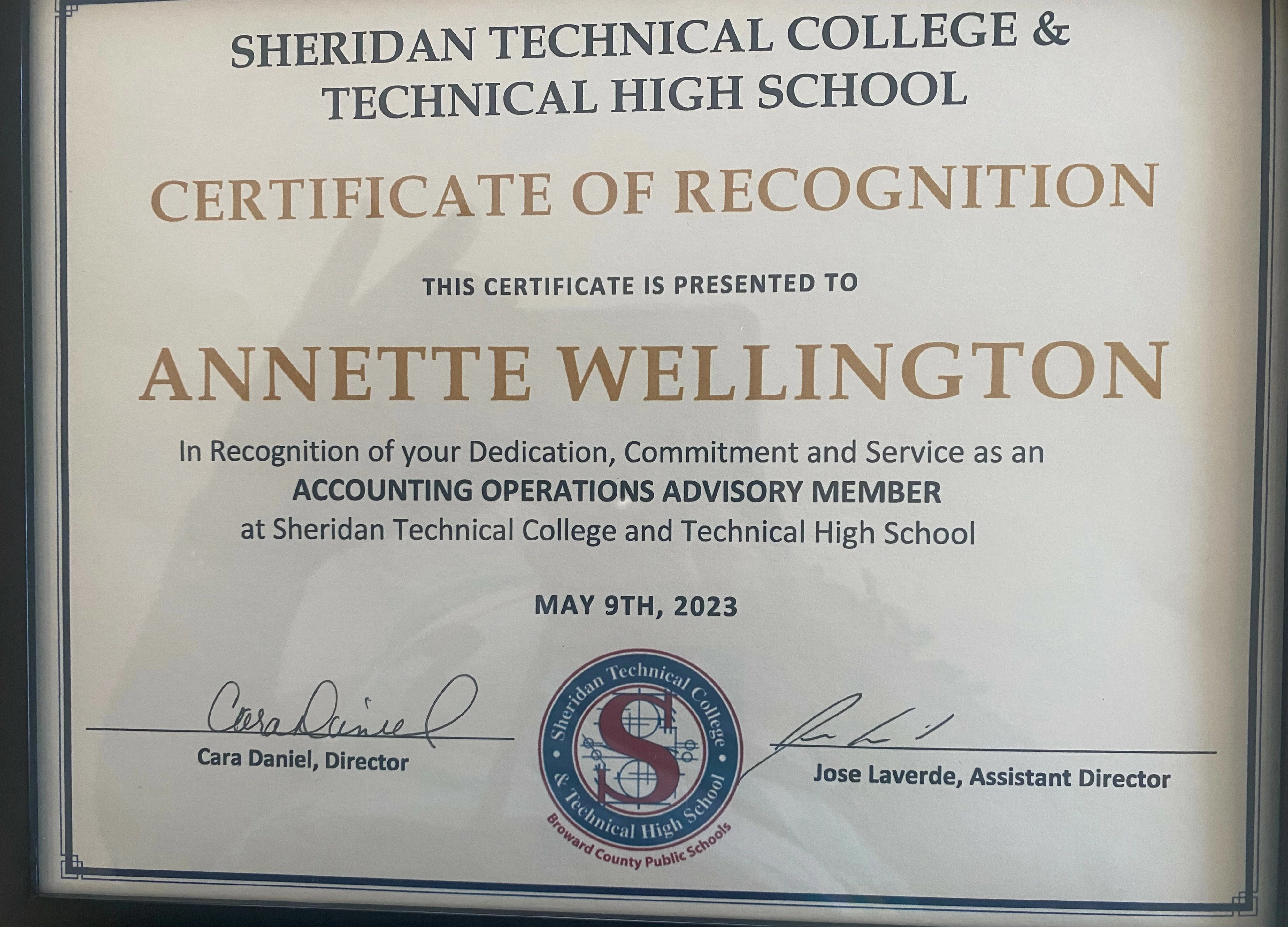 Annette Wellington, Certification of Recognition: Accounting Operations Advisory Member.
