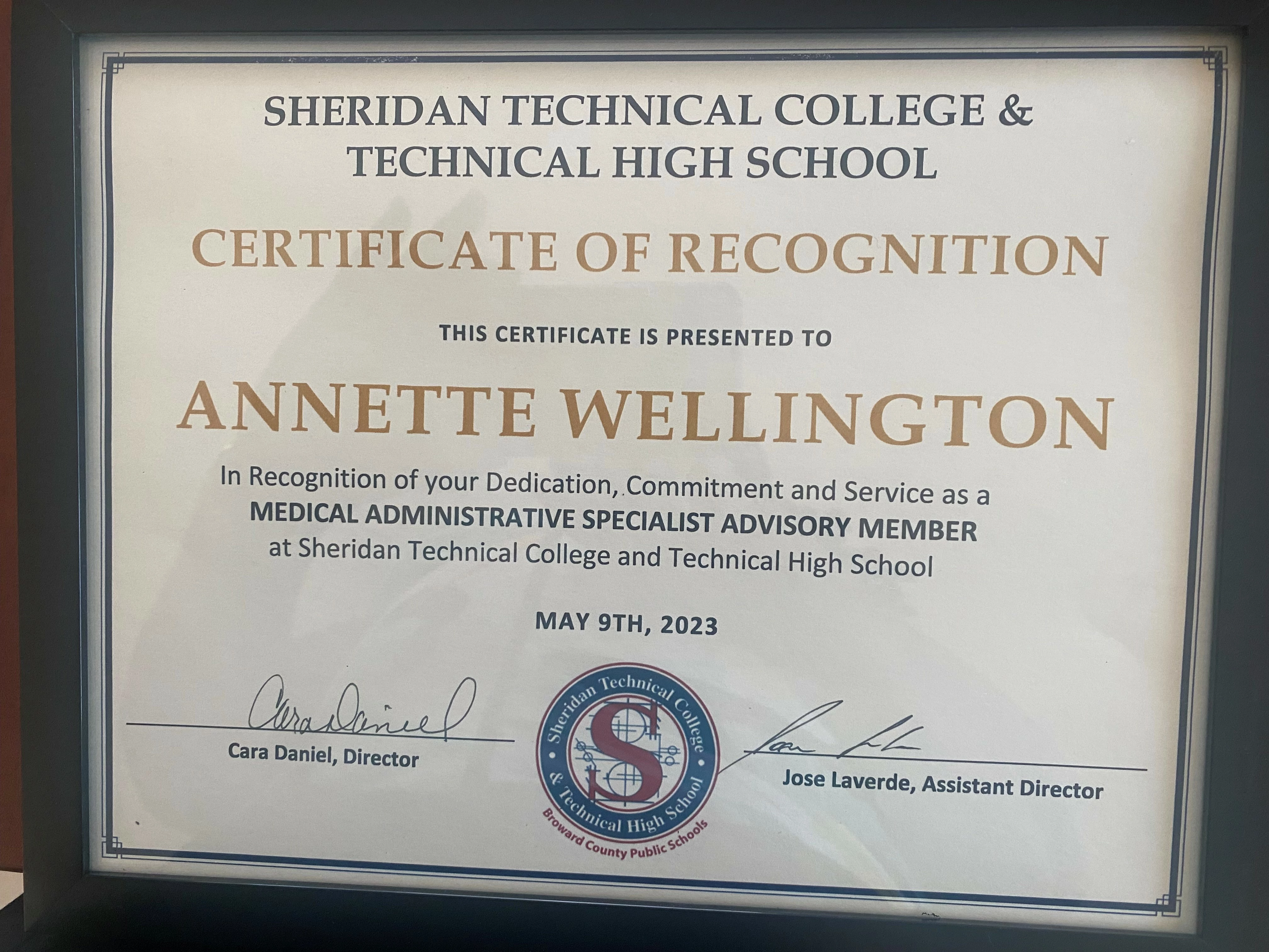 Annette Wellington, Certification of Recognition: Medical Administrative Specialist Advisory Member.