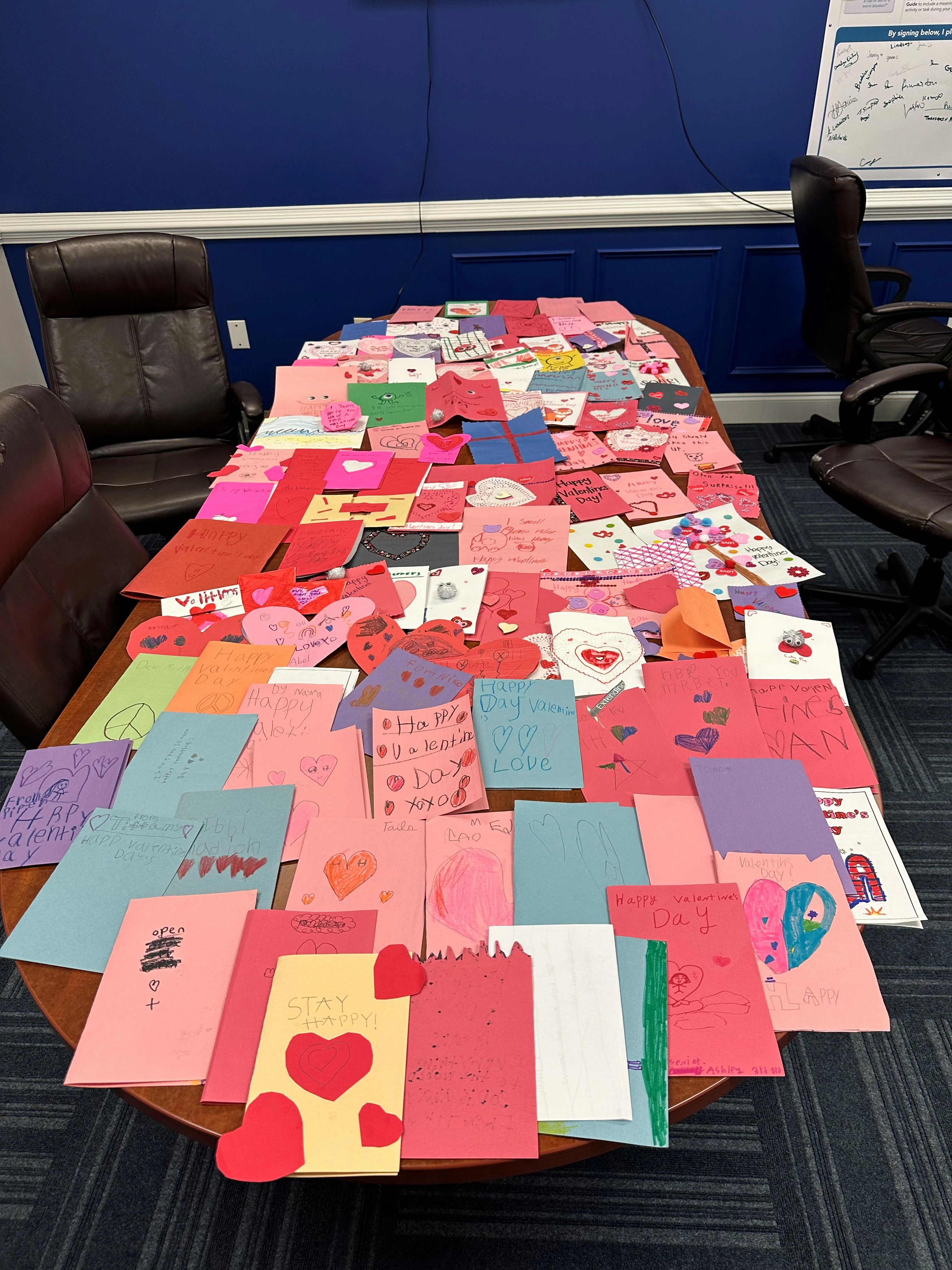 Wow! Over 1500 Valentines Day Cards created by our local elementary schools that we delivered to local seniors as a part of our 