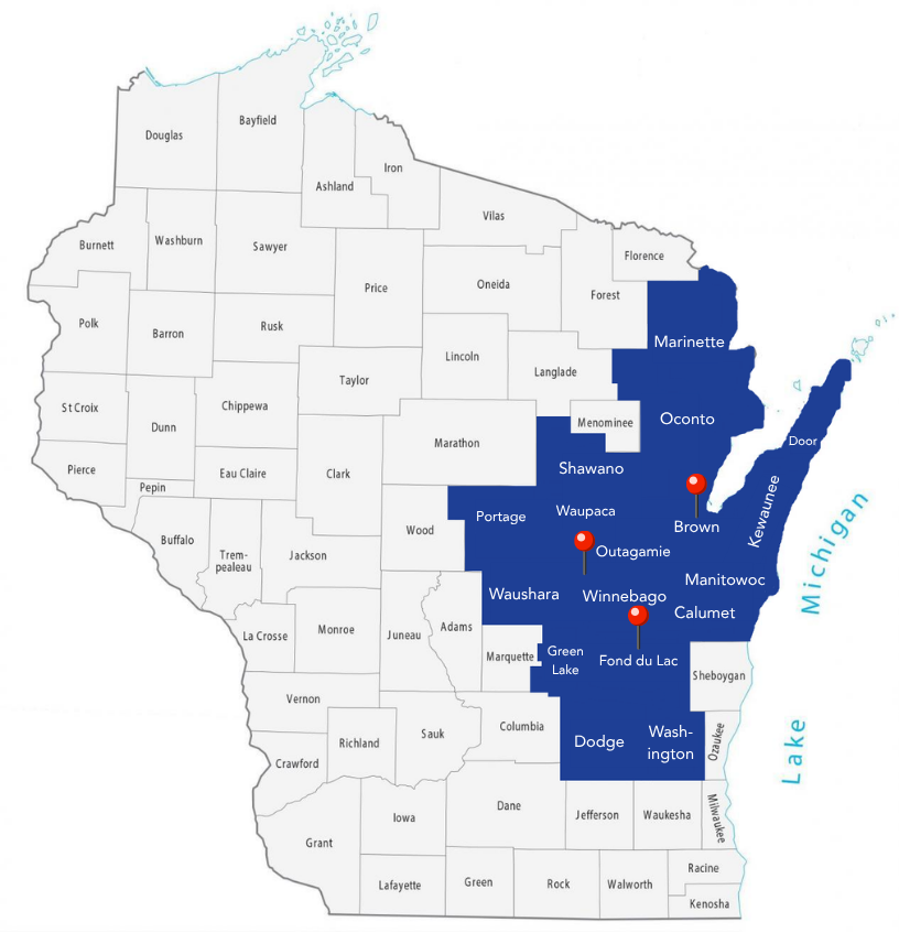 map showing the areas that Senior Helpers of Northeast Wisconsin proudly serves